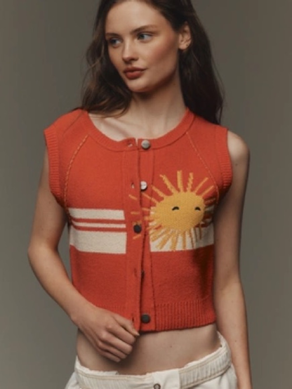 Pilcro Red Orange Sun Graphic Knit Cropped Vest
